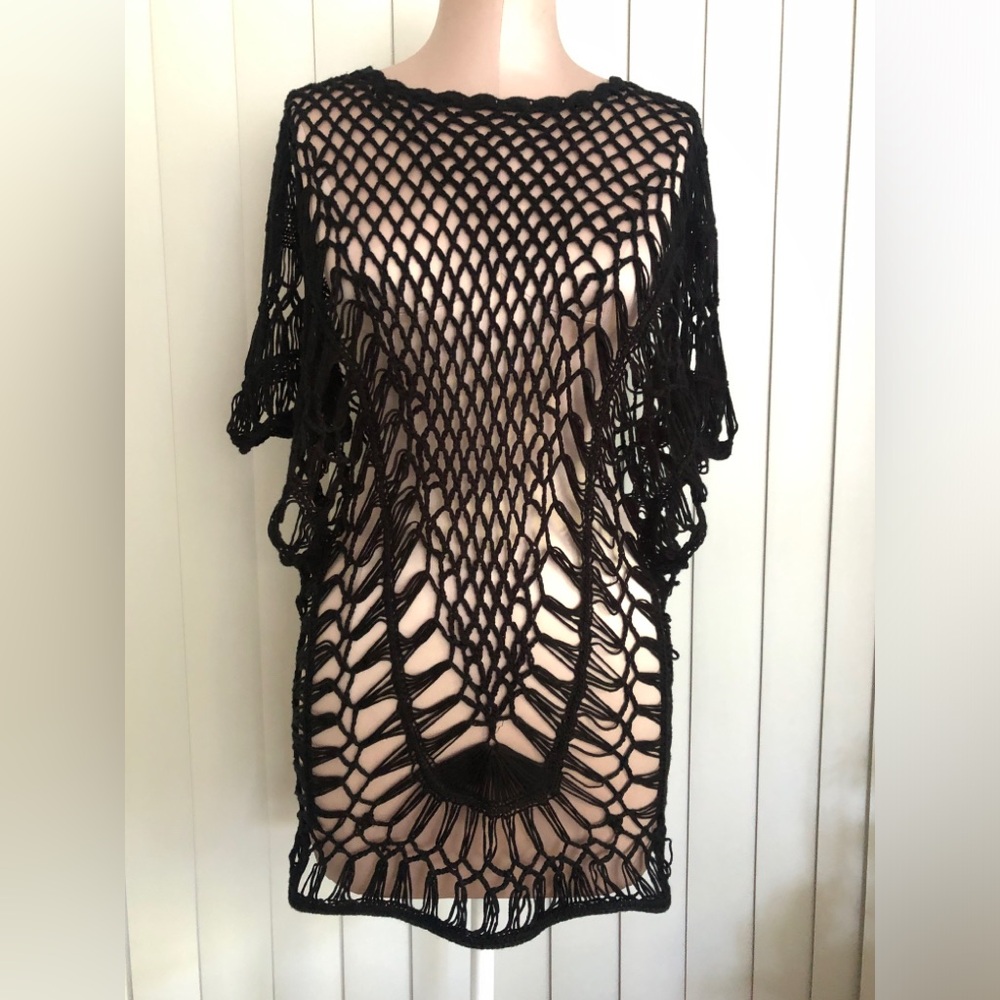 Crochet Cover Up Mini Dress Cotton Knit Black Top Sz S Swimwear Sheer Revolve